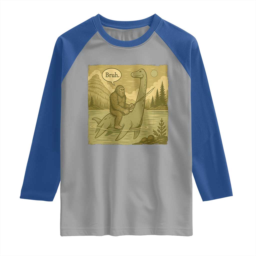 Funny Bigfoot Fishing Raglan Shirt Sasquatch Loch Ness Monster Introvert Bruh - Wonder Print Shop