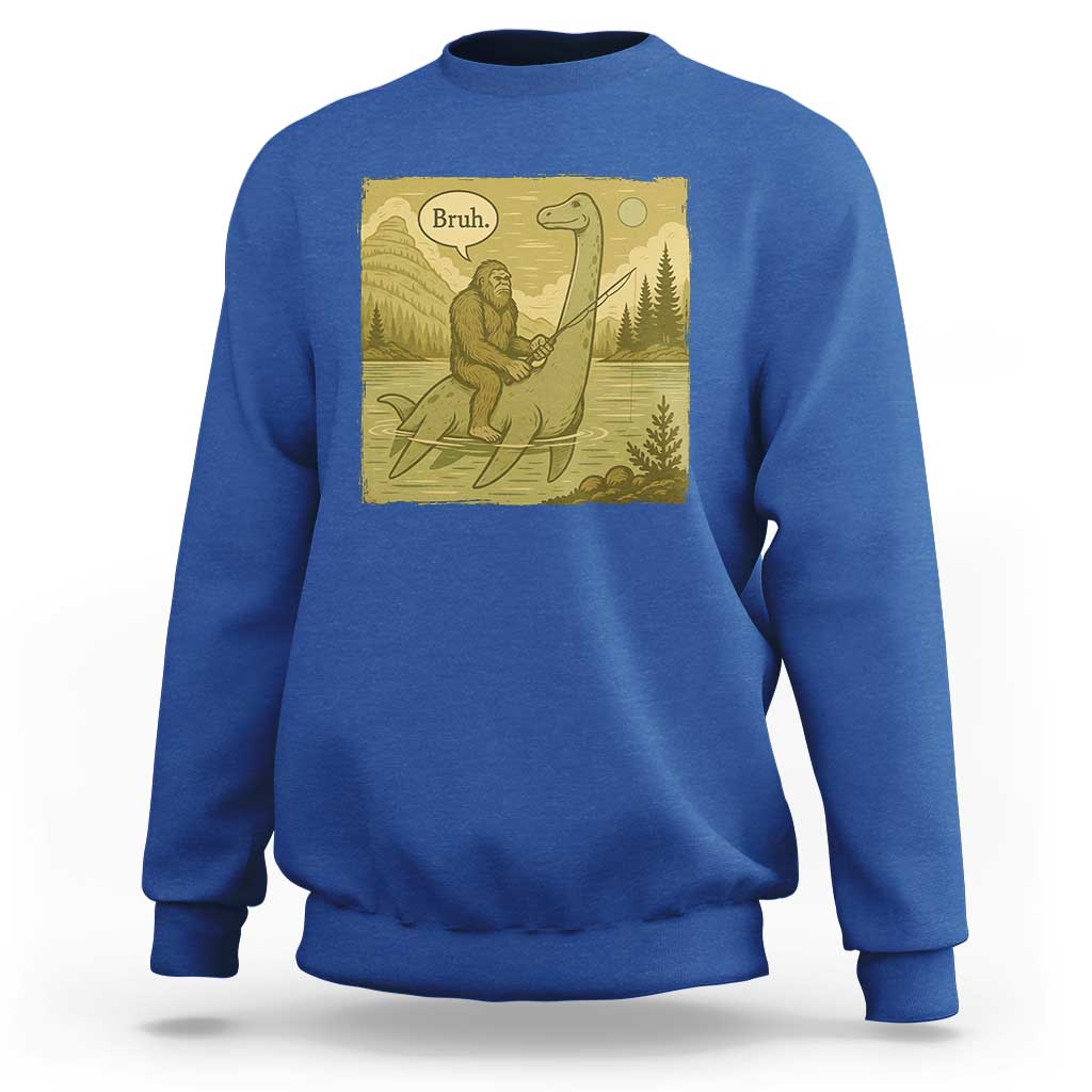 Funny Bigfoot Fishing Sweatshirt Sasquatch Loch Ness Monster Introvert Bruh - Wonder Print Shop