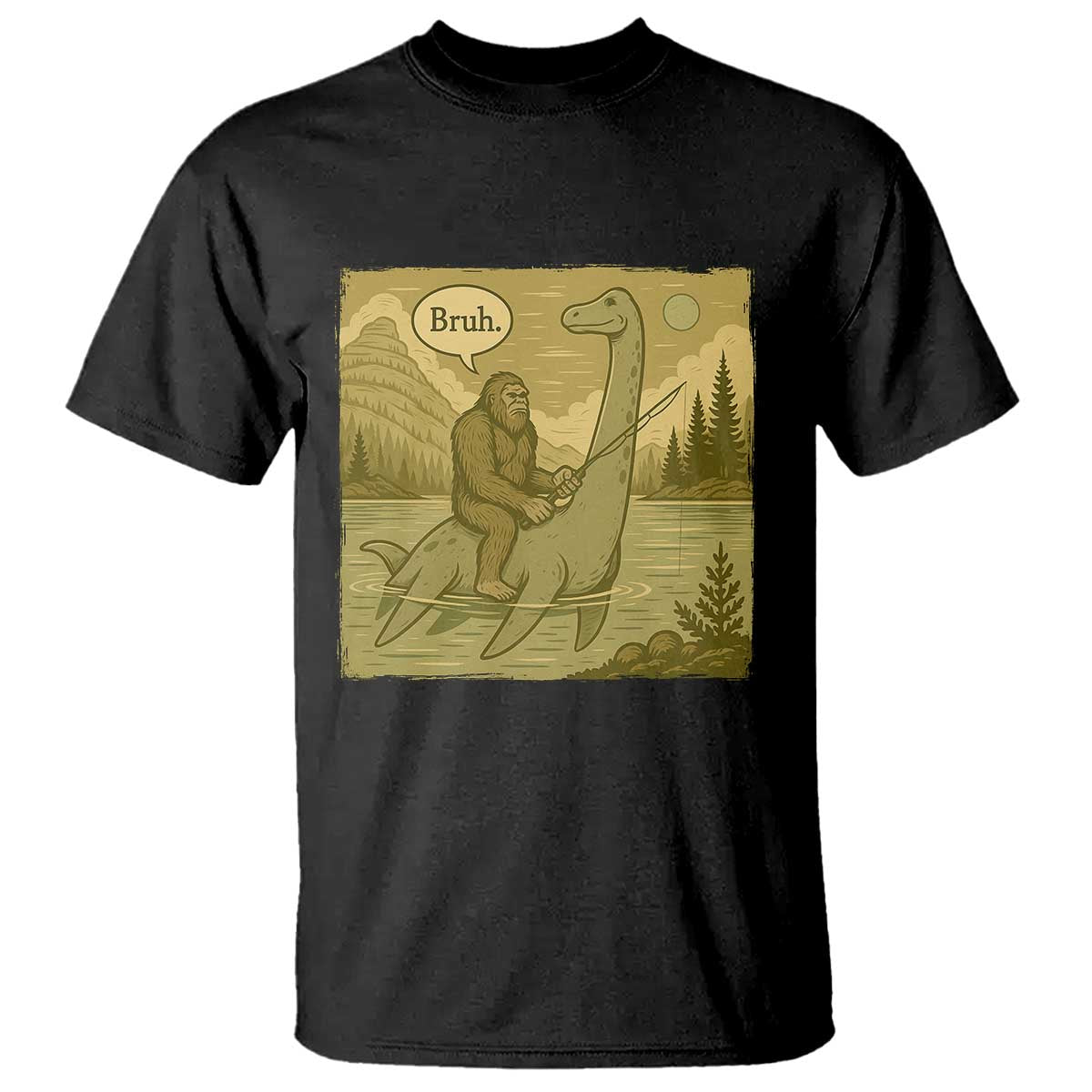 Funny Bigfoot Fishing T Shirt Sasquatch Loch Ness Monster Introvert Bruh - Wonder Print Shop