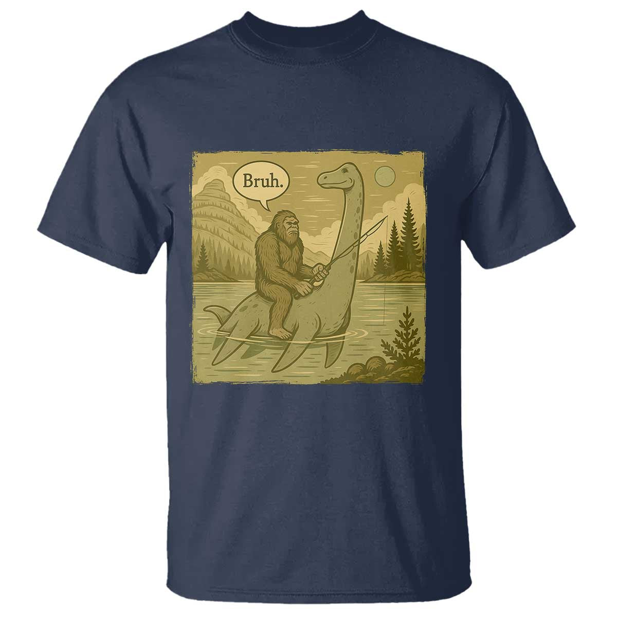 Funny Bigfoot Fishing T Shirt Sasquatch Loch Ness Monster Introvert Bruh - Wonder Print Shop