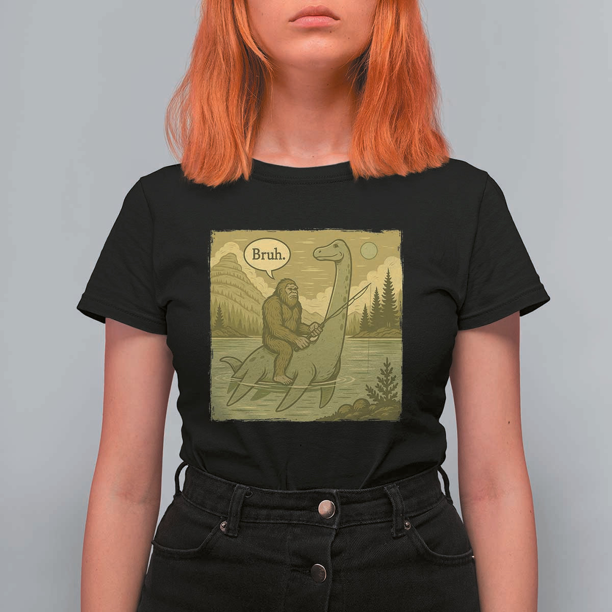 Funny Bigfoot Fishing T Shirt For Women Sasquatch Loch Ness Monster Introvert Bruh - Wonder Print Shop