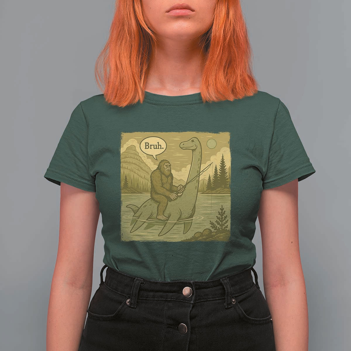 Funny Bigfoot Fishing T Shirt For Women Sasquatch Loch Ness Monster Introvert Bruh - Wonder Print Shop