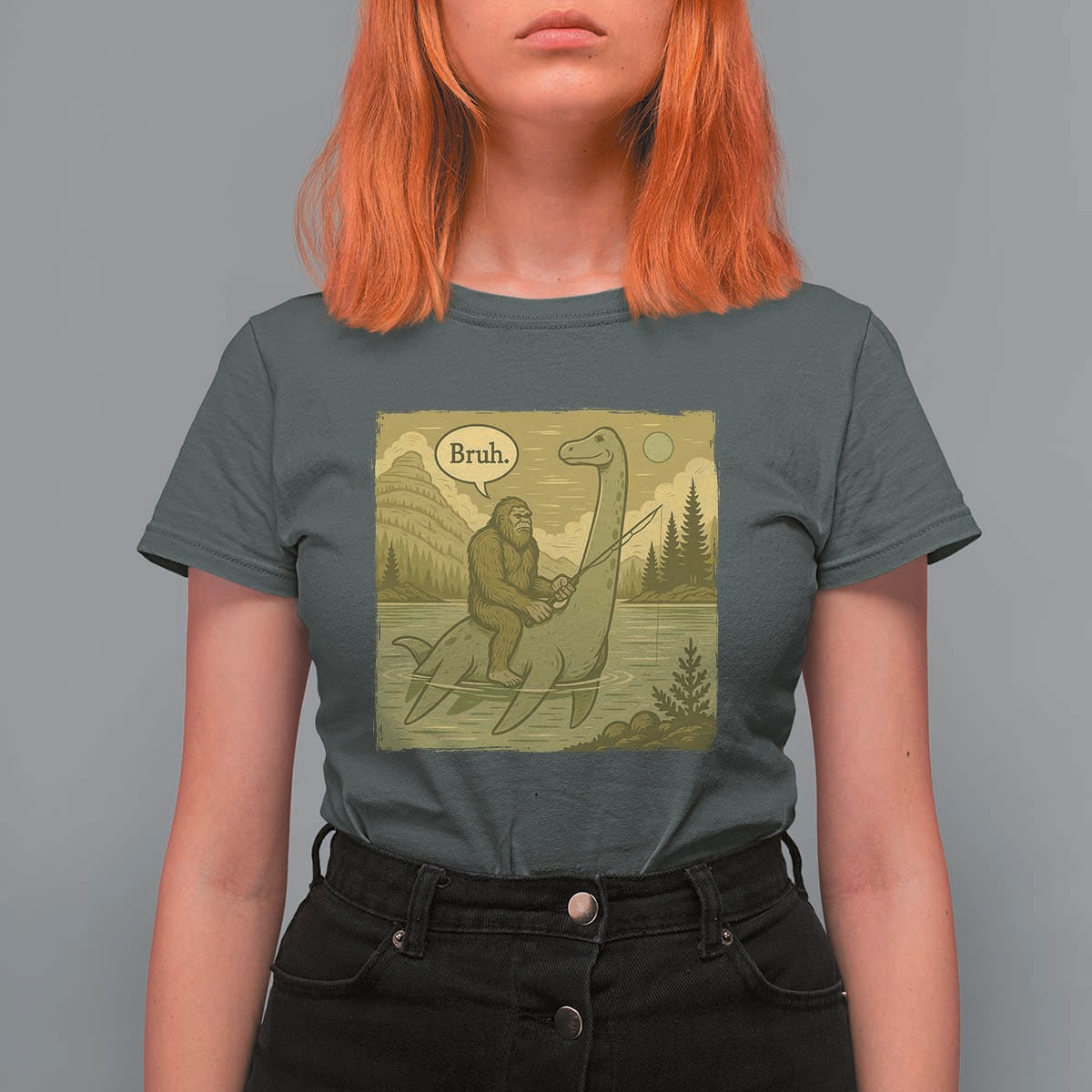 Funny Bigfoot Fishing T Shirt For Women Sasquatch Loch Ness Monster Introvert Bruh - Wonder Print Shop