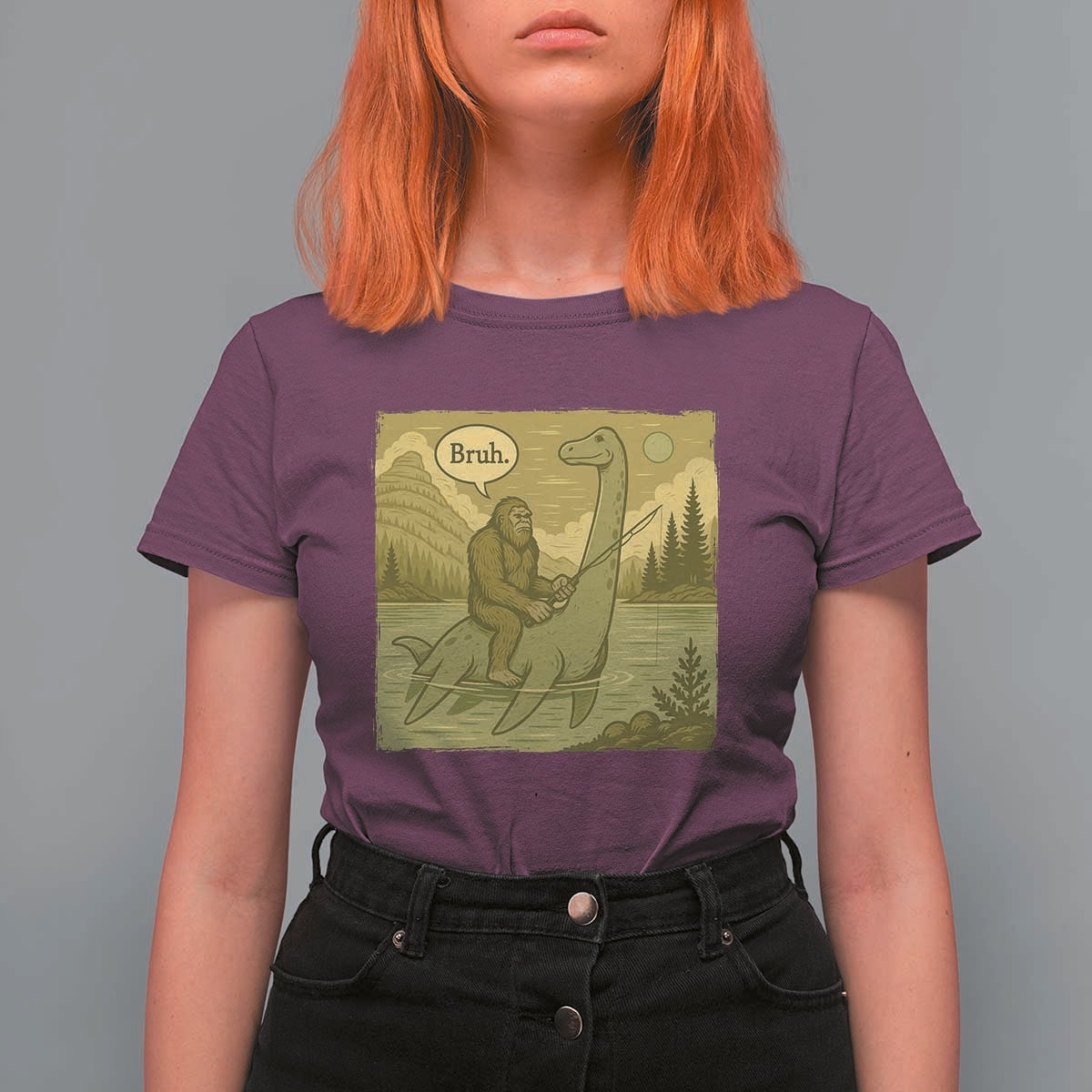 Funny Bigfoot Fishing T Shirt For Women Sasquatch Loch Ness Monster Introvert Bruh - Wonder Print Shop