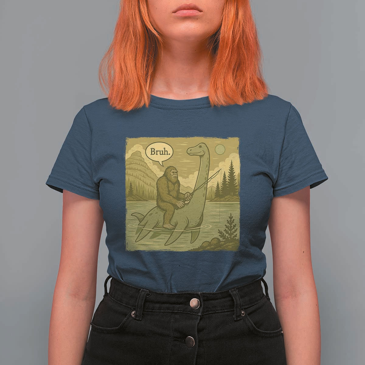 Funny Bigfoot Fishing T Shirt For Women Sasquatch Loch Ness Monster Introvert Bruh - Wonder Print Shop