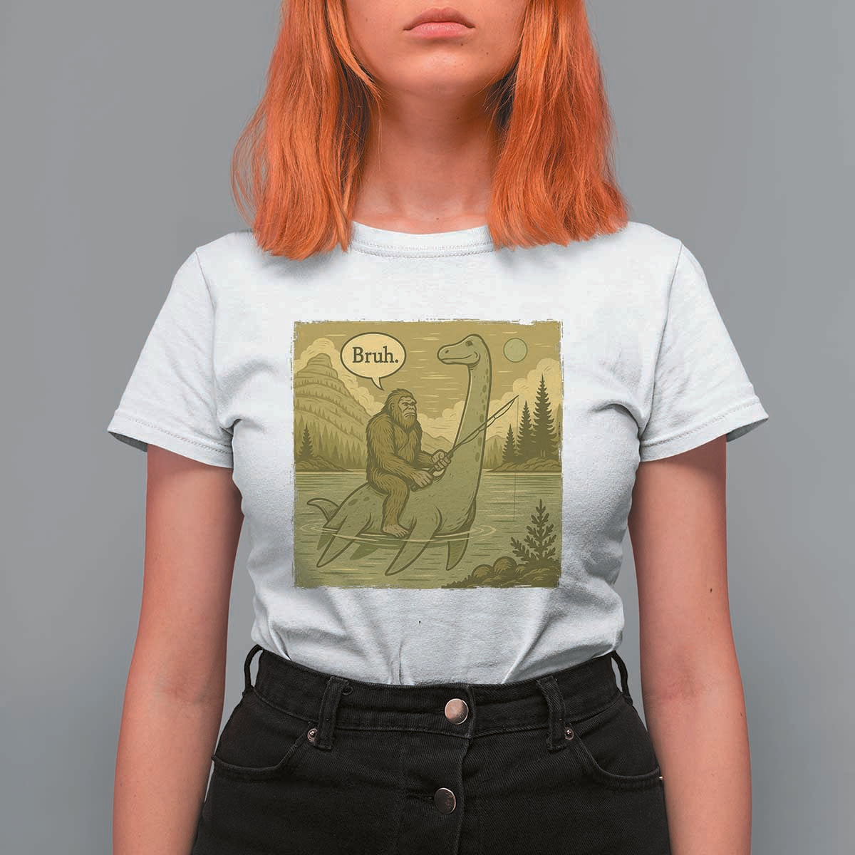 Funny Bigfoot Fishing T Shirt For Women Sasquatch Loch Ness Monster Introvert Bruh - Wonder Print Shop