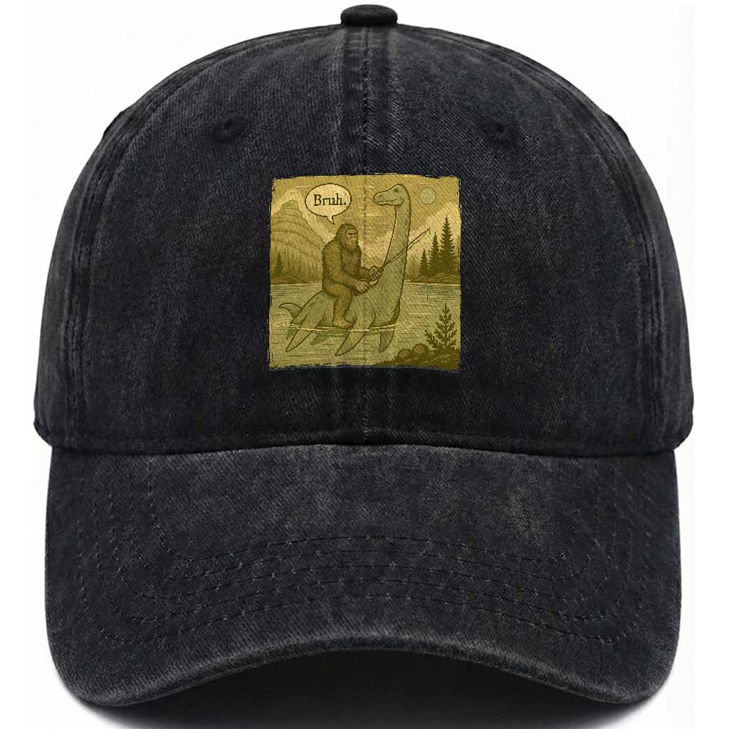Funny Bigfoot Fishing Washed Cotton Baseball Cap Sasquatch Loch Ness Monster Introvert Bruh