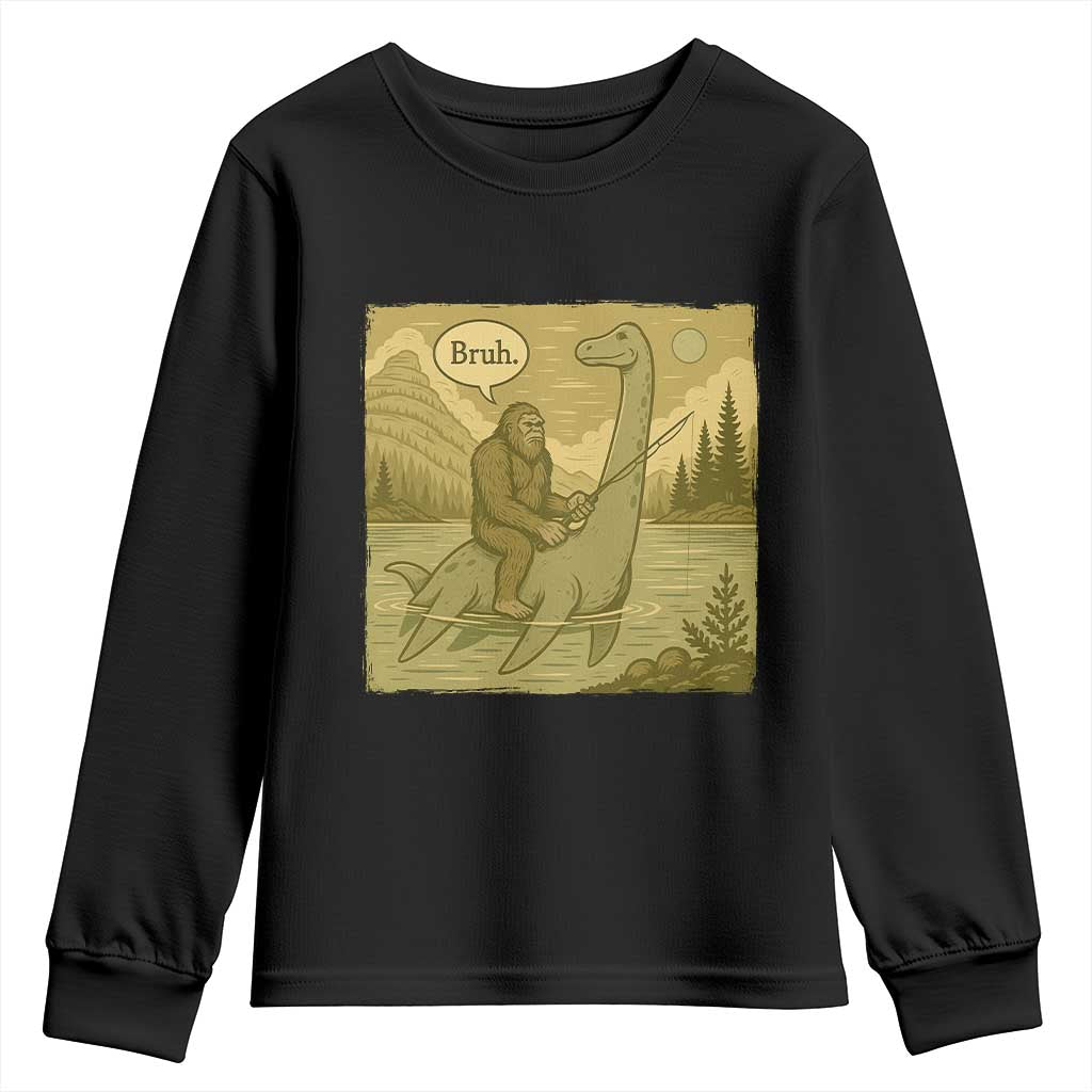 Funny Bigfoot Fishing Youth Sweatshirt Sasquatch Loch Ness Monster Introvert Bruh - Wonder Print Shop