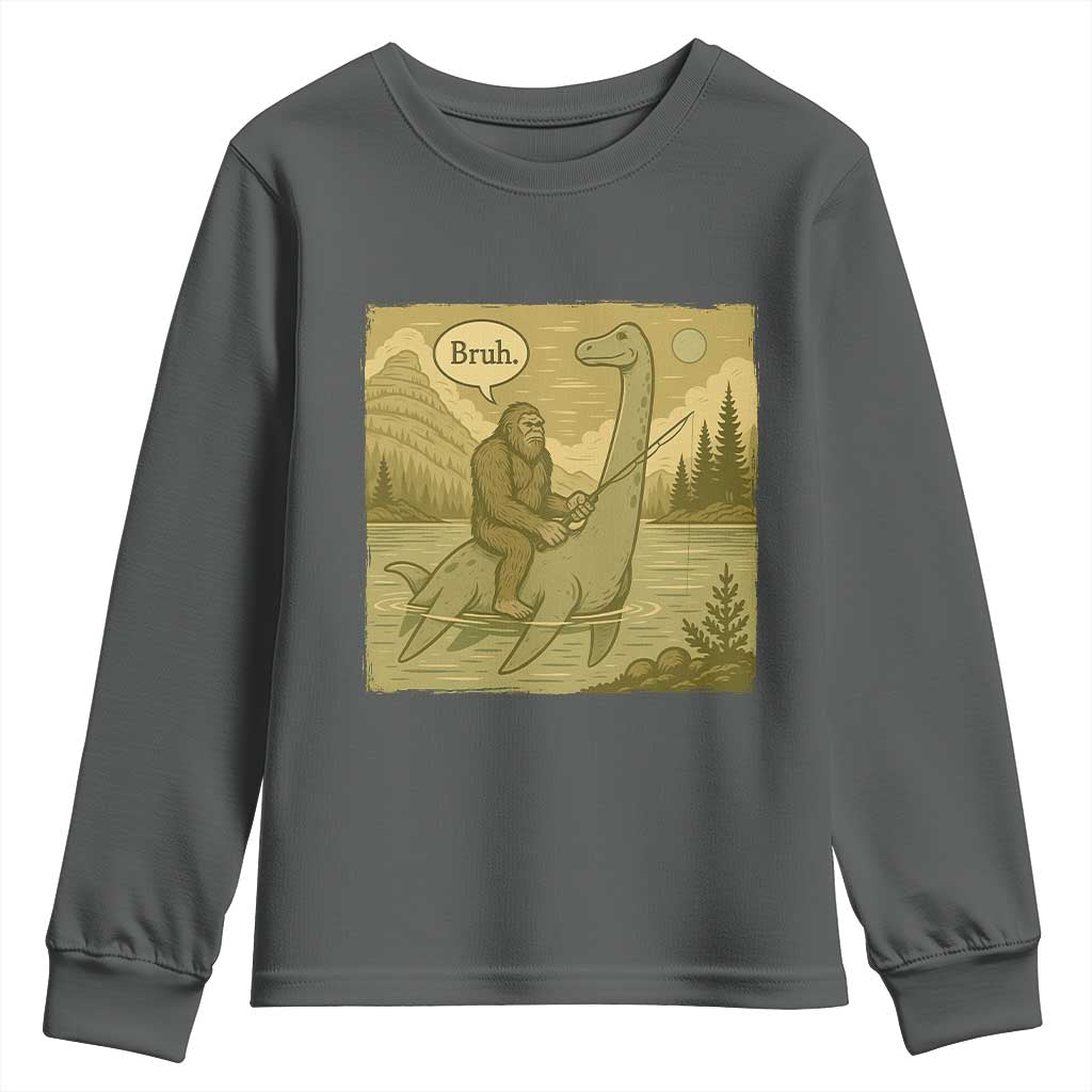 Funny Bigfoot Fishing Youth Sweatshirt Sasquatch Loch Ness Monster Introvert Bruh - Wonder Print Shop