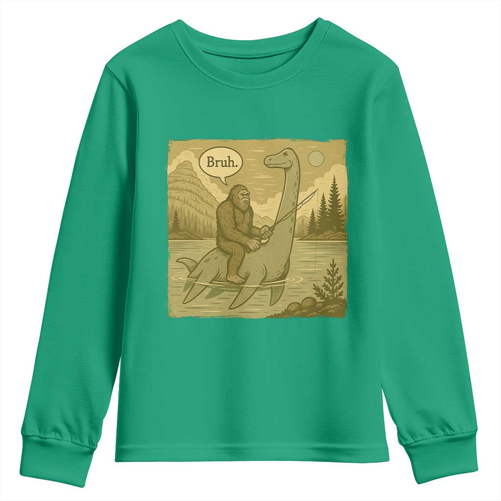 Funny Bigfoot Fishing Youth Sweatshirt Sasquatch Loch Ness Monster Introvert Bruh - Wonder Print Shop