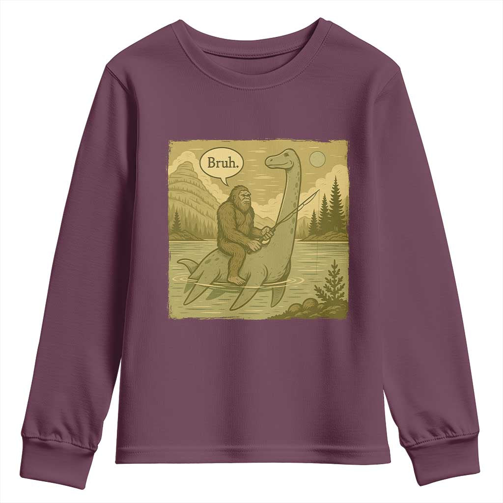 Funny Bigfoot Fishing Youth Sweatshirt Sasquatch Loch Ness Monster Introvert Bruh - Wonder Print Shop