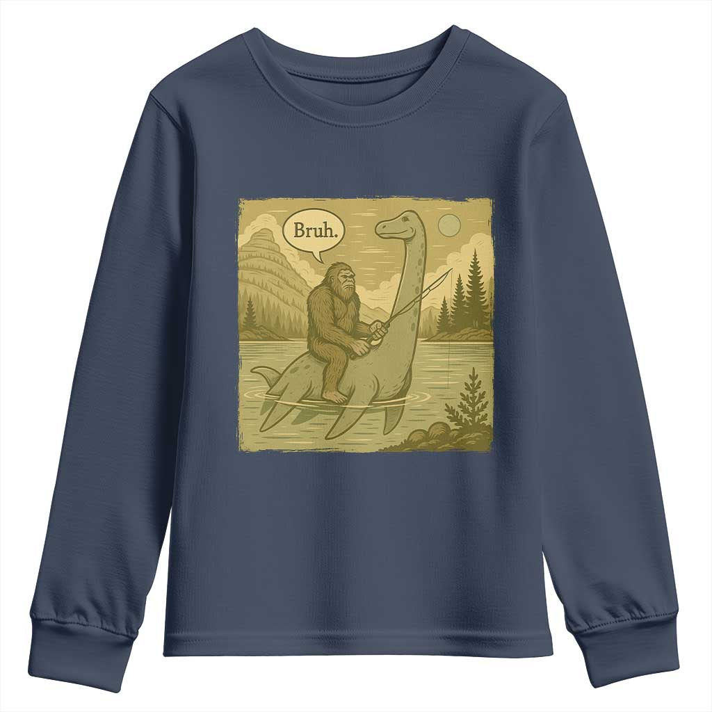 Funny Bigfoot Fishing Youth Sweatshirt Sasquatch Loch Ness Monster Introvert Bruh - Wonder Print Shop