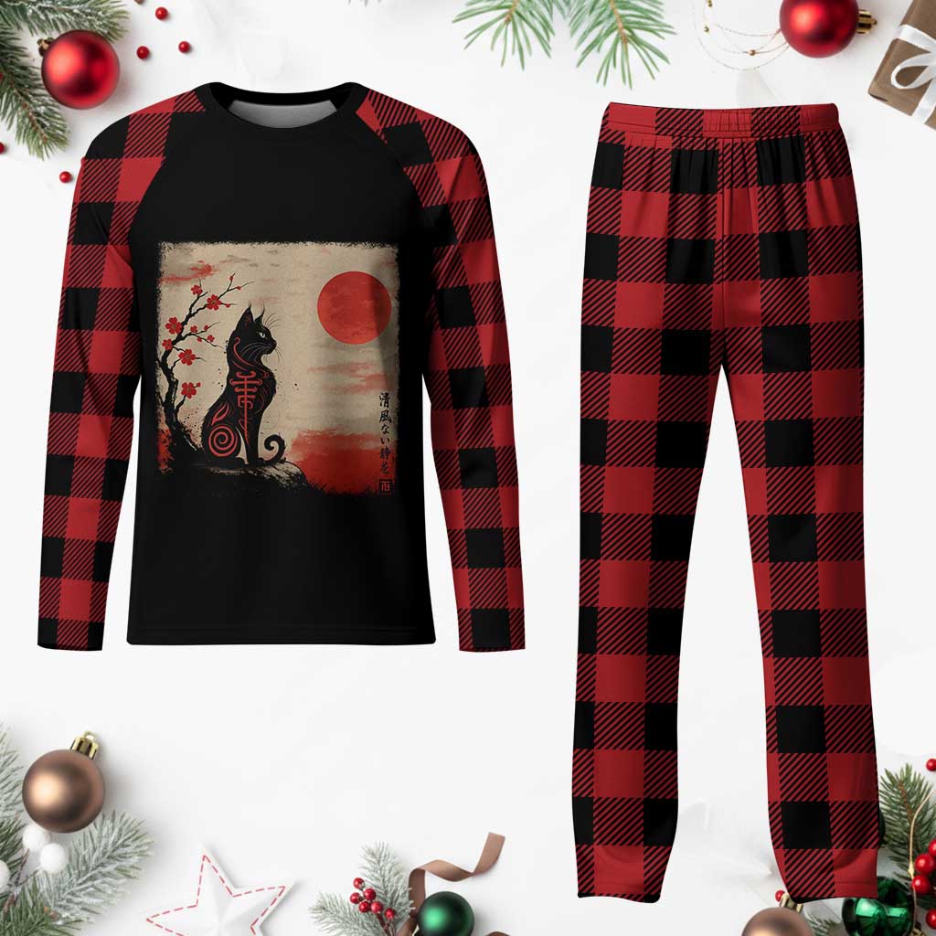 Kawaii Anime Cat Japanese Cherry Blossom Plaid Pajama Set - Wonder Print Shop