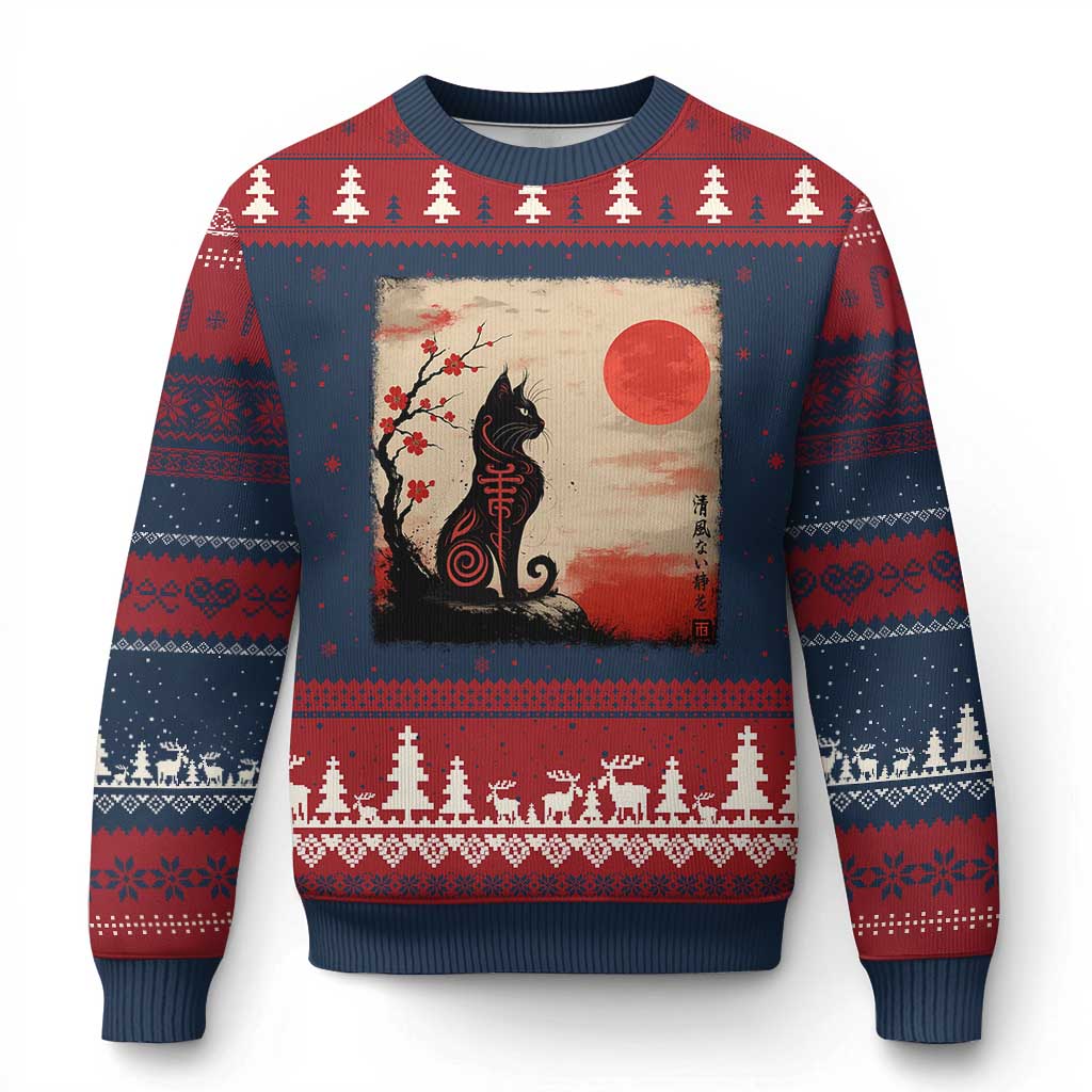 Kawaii Anime Cat Japanese Cherry Blossom Ugly Christmas Sweater - Wonder Print Shop