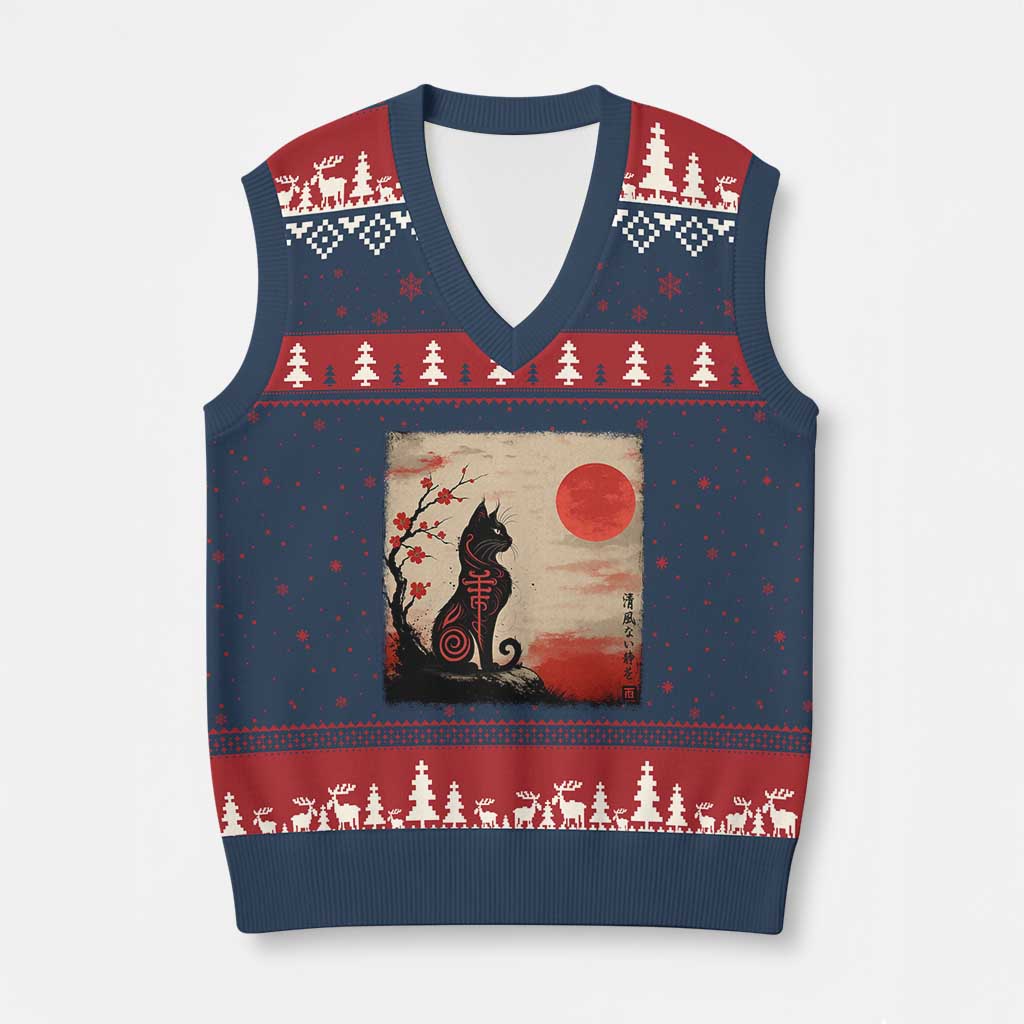 Kawaii Anime Cat Japanese Cherry Blossom V-Neck Knit Sweater Vest - Wonder Print Shop