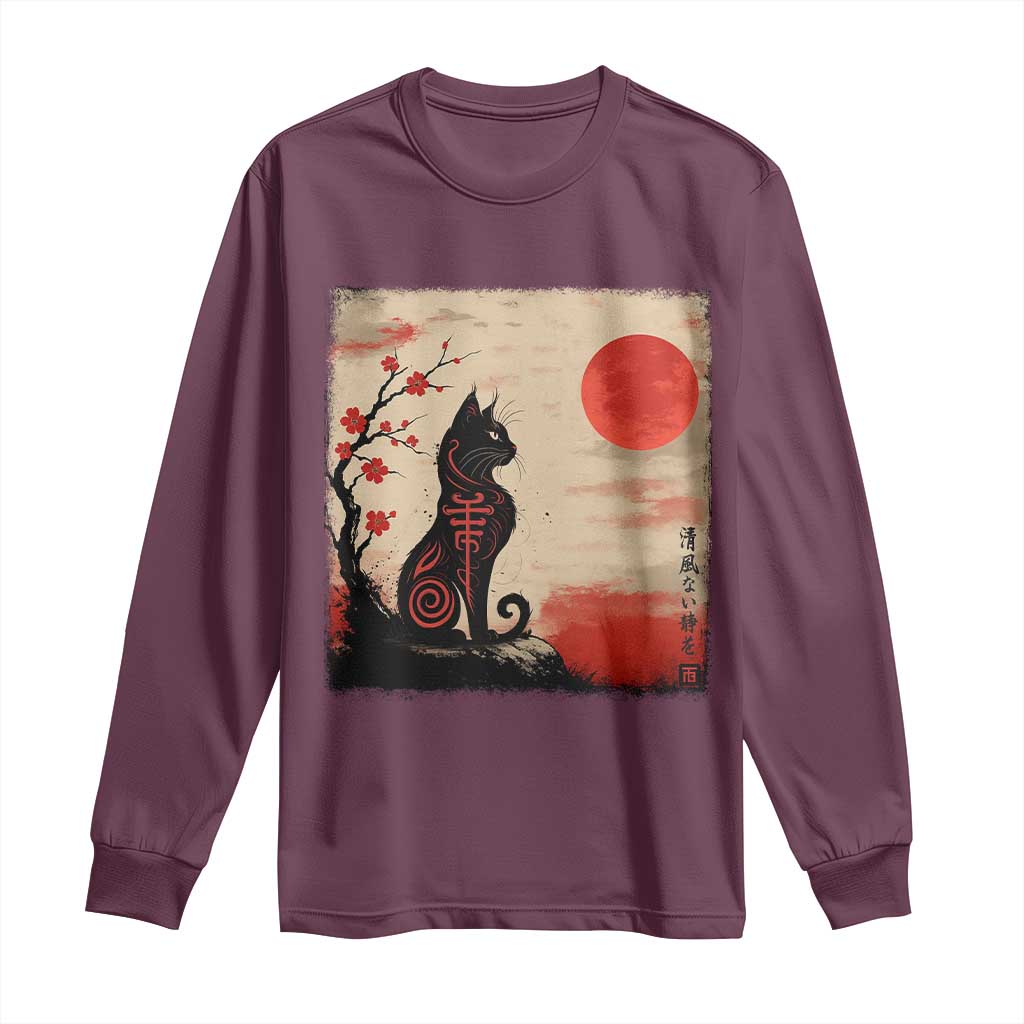 Kawaii Anime Cat Japanese Cherry Blossom Long Sleeve Shirt - Wonder Print Shop