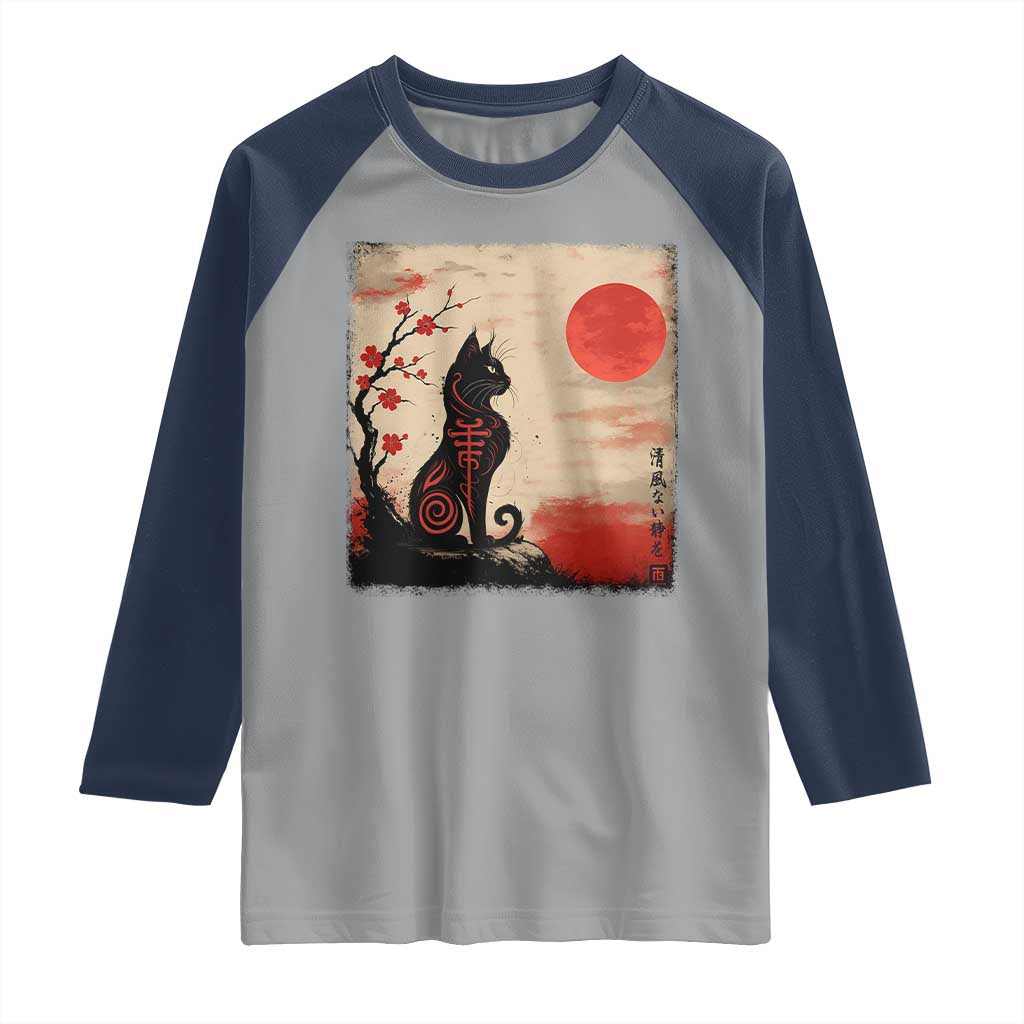 Kawaii Anime Cat Japanese Cherry Blossom Raglan Shirt - Wonder Print Shop