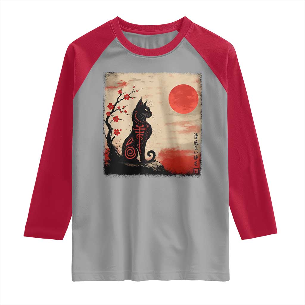 Kawaii Anime Cat Japanese Cherry Blossom Raglan Shirt - Wonder Print Shop