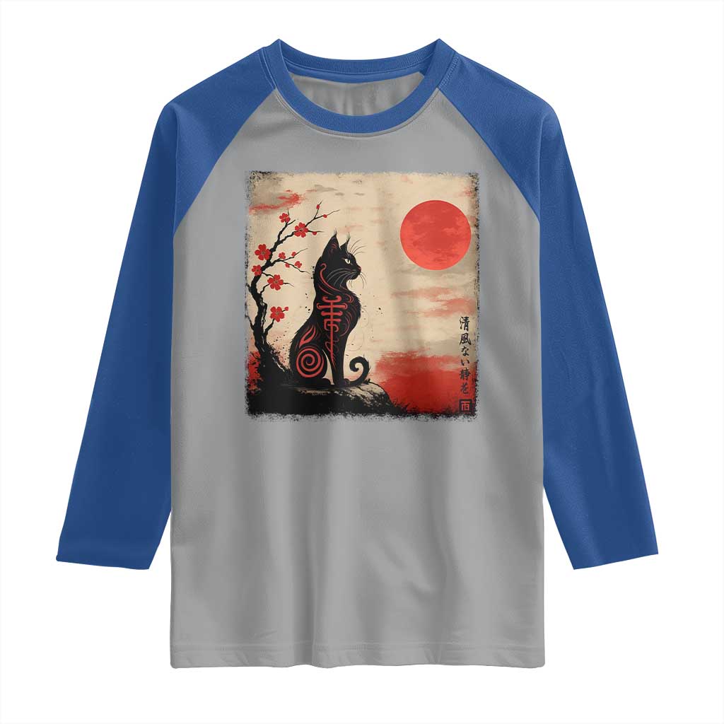 Kawaii Anime Cat Japanese Cherry Blossom Raglan Shirt - Wonder Print Shop