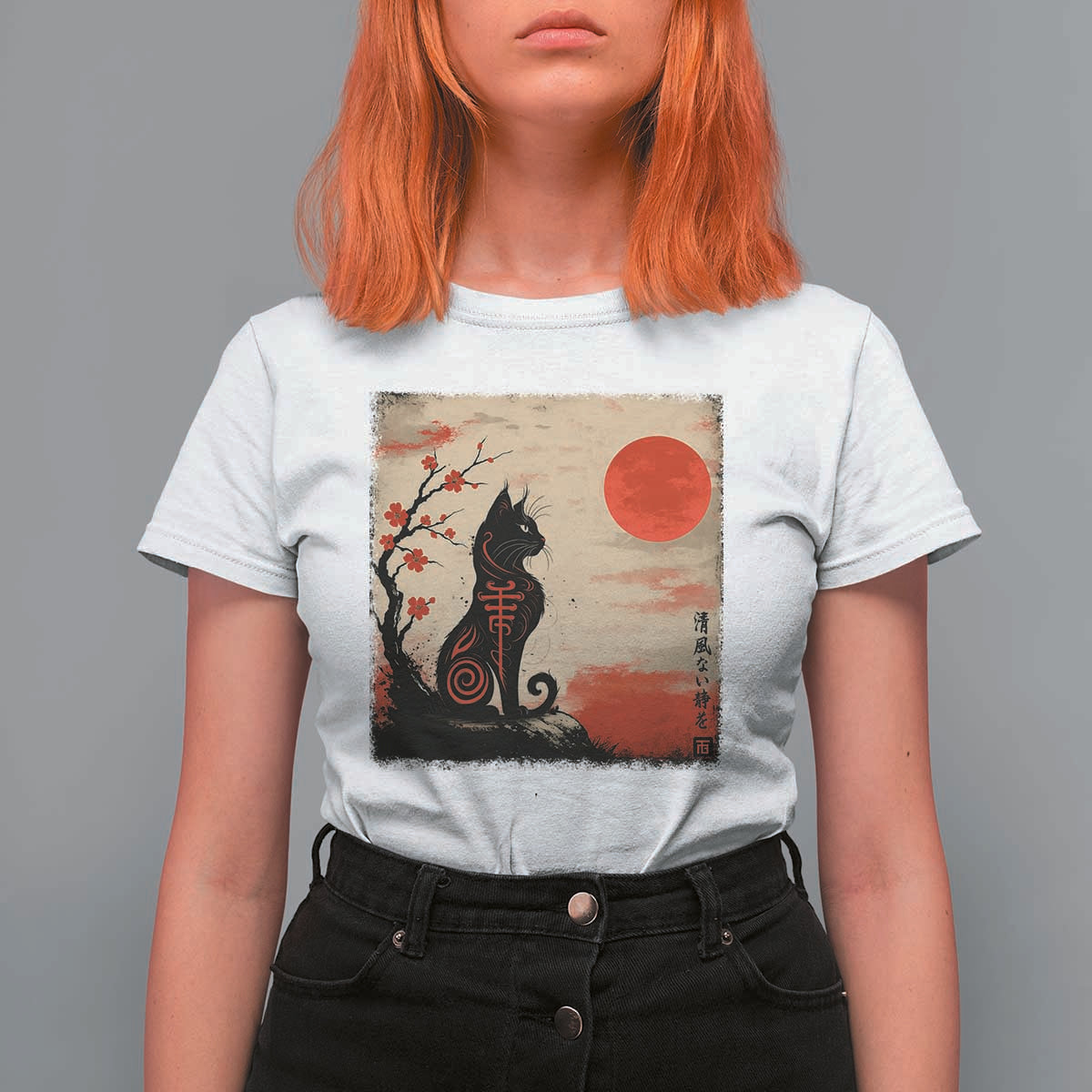 Kawaii Anime Cat Japanese Cherry Blossom T Shirt For Women - Wonder Print Shop