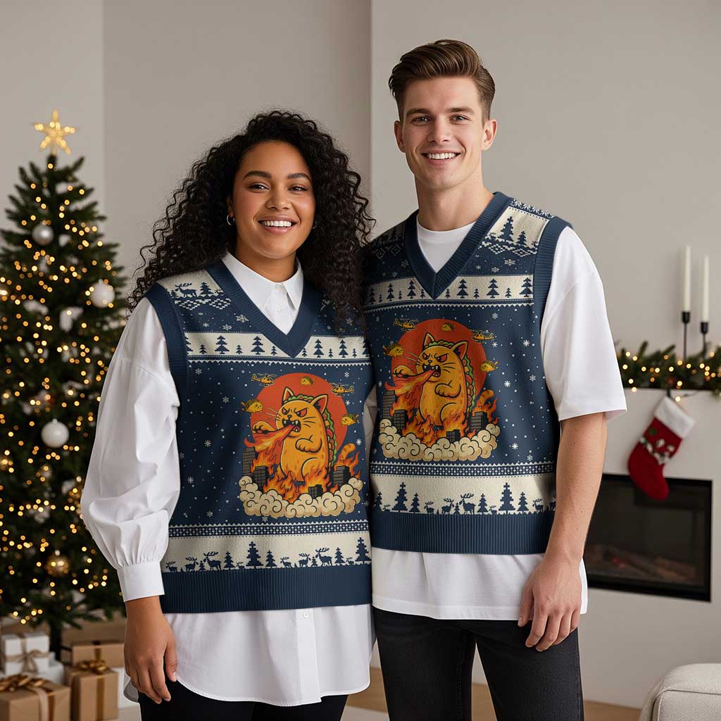 Tacocat Monster V-Neck Knit Sweater Vest Funny Cats Taco Lovers - Wonder Print Shop