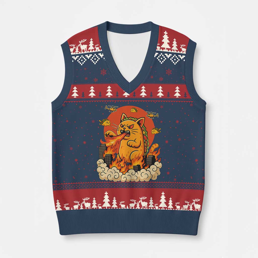 Tacocat Monster V-Neck Knit Sweater Vest Funny Cats Taco Lovers - Wonder Print Shop