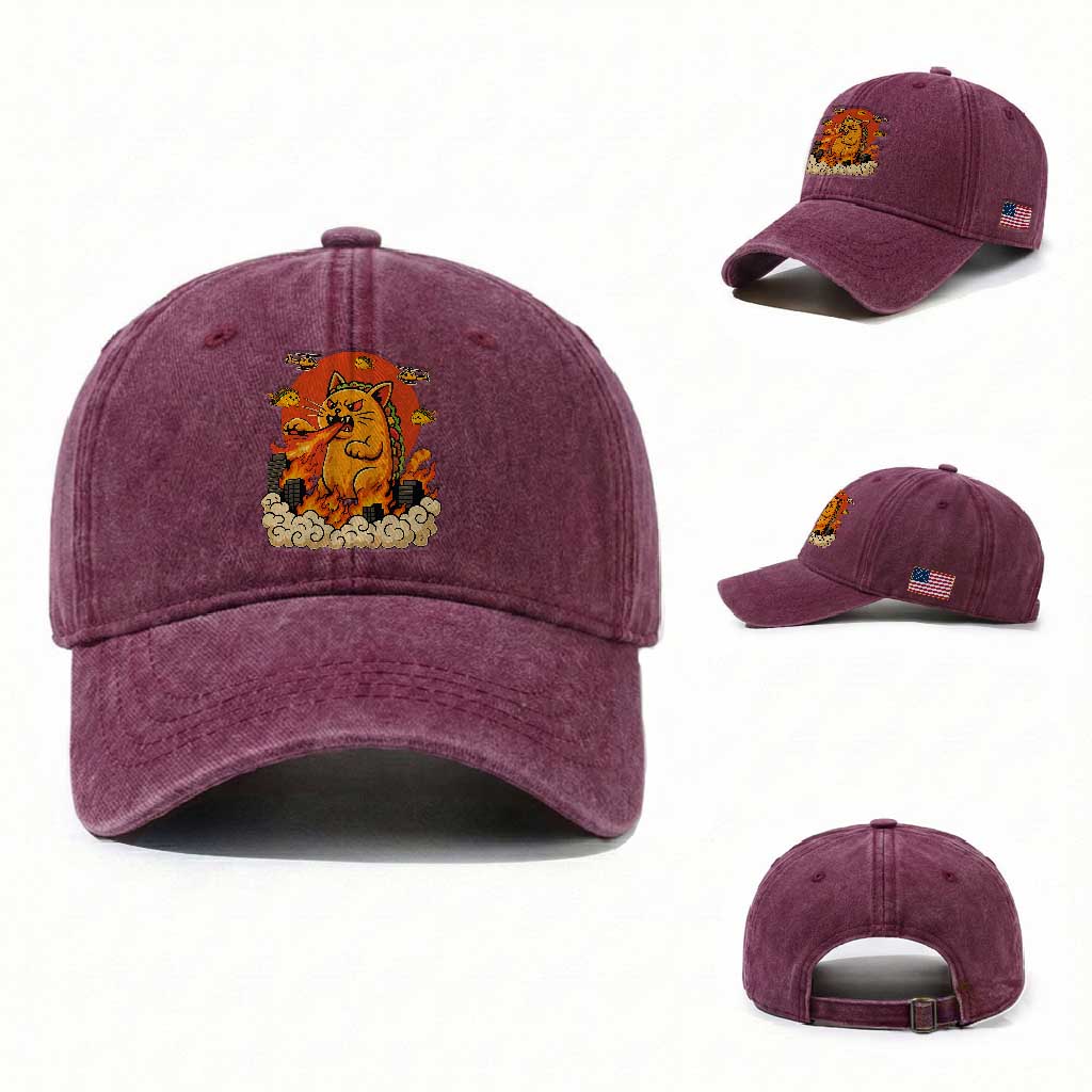 Tacocat Monster Washed Cotton Baseball Cap Funny Cats Taco Lovers