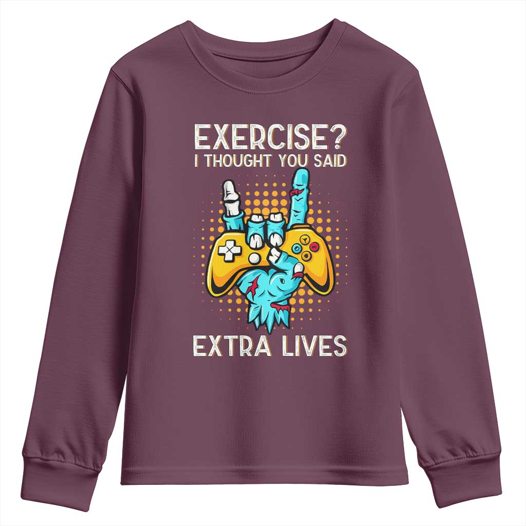 Funny Gamer Skeleton Hand Youth Sweatshirt Exercise I Thought You Said Extra Lives - Wonder Print Shop