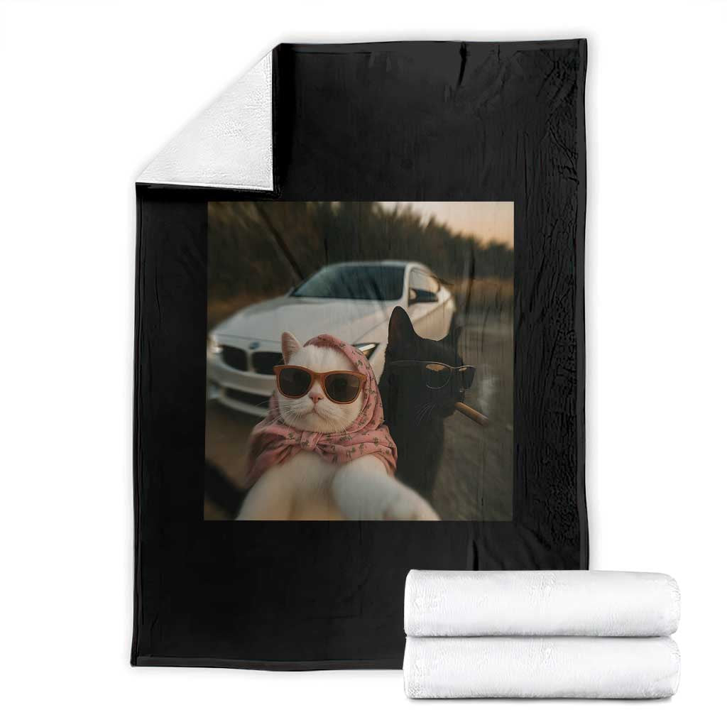 Cats Selfie Meme Throw Blanket Funny Black Cat Smoking Cigarette With Car - Wonder Print Shop