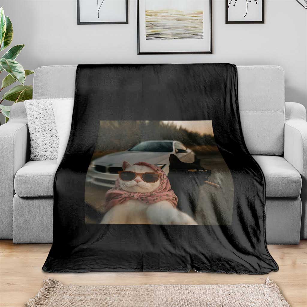 Cats Selfie Meme Throw Blanket Funny Black Cat Smoking Cigarette With Car - Wonder Print Shop