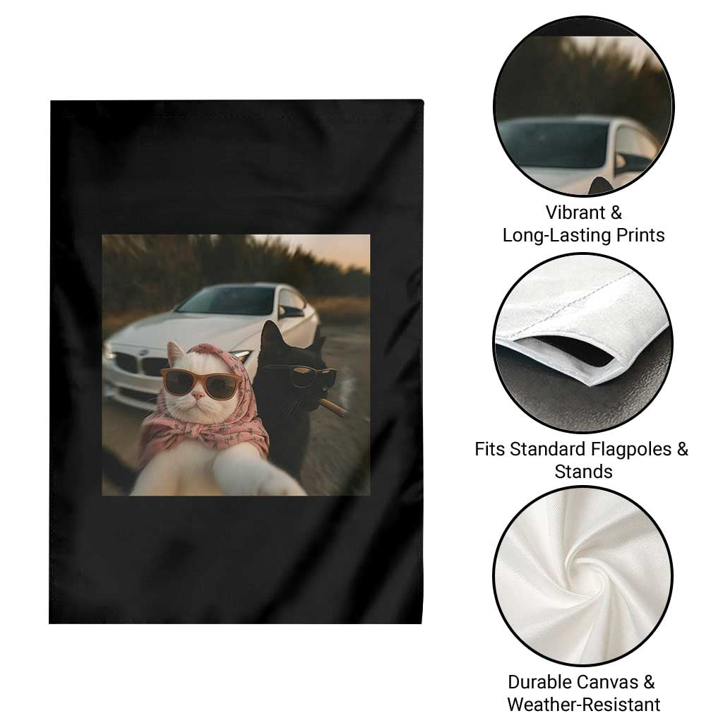 Cats Selfie Meme Garden Flag Funny Black Cat Smoking Cigarette With Car - Wonder Print Shop