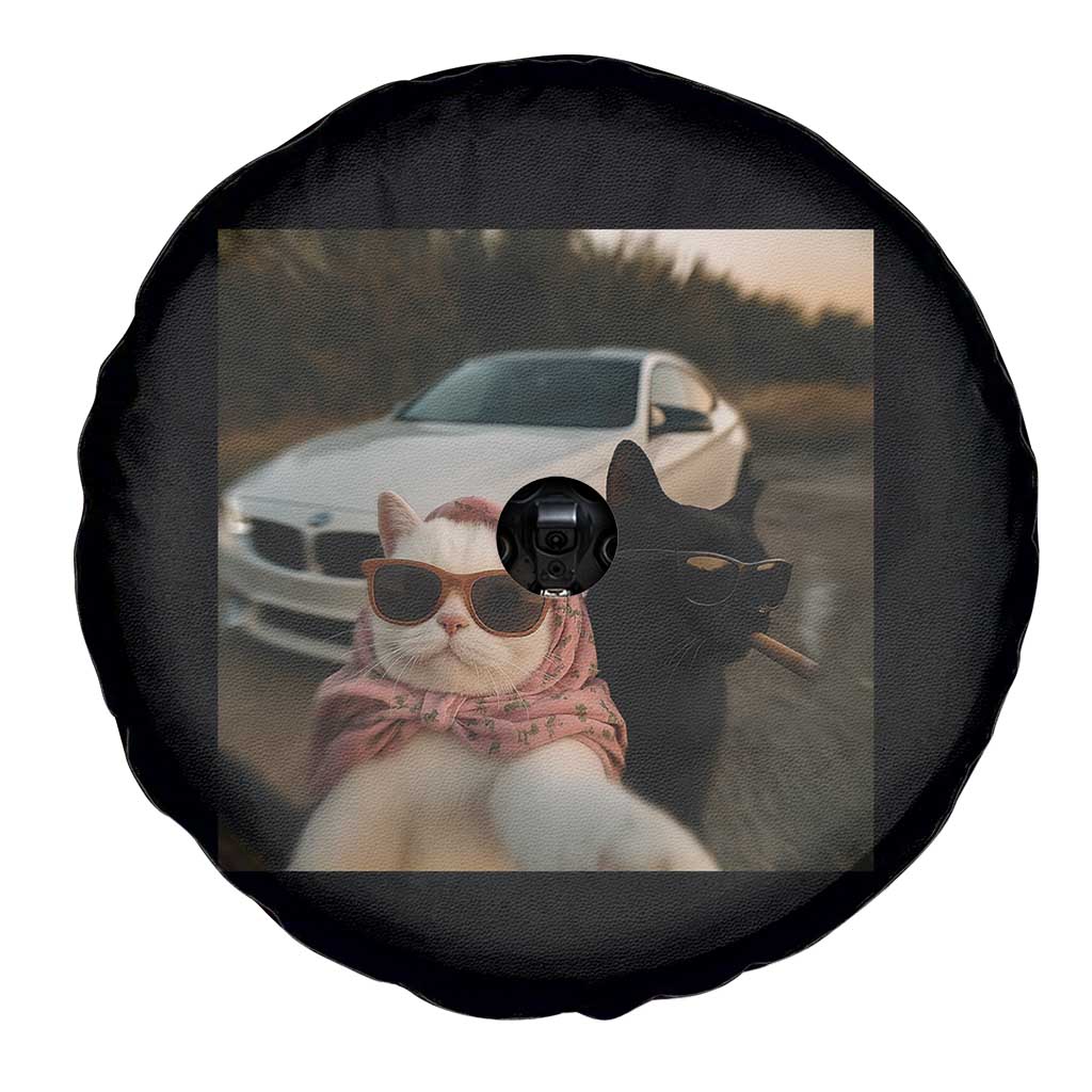 Cats Selfie Meme Spare Tire Cover Funny Black Cat Smoking Cigarette With Car - Wonder Print Shop