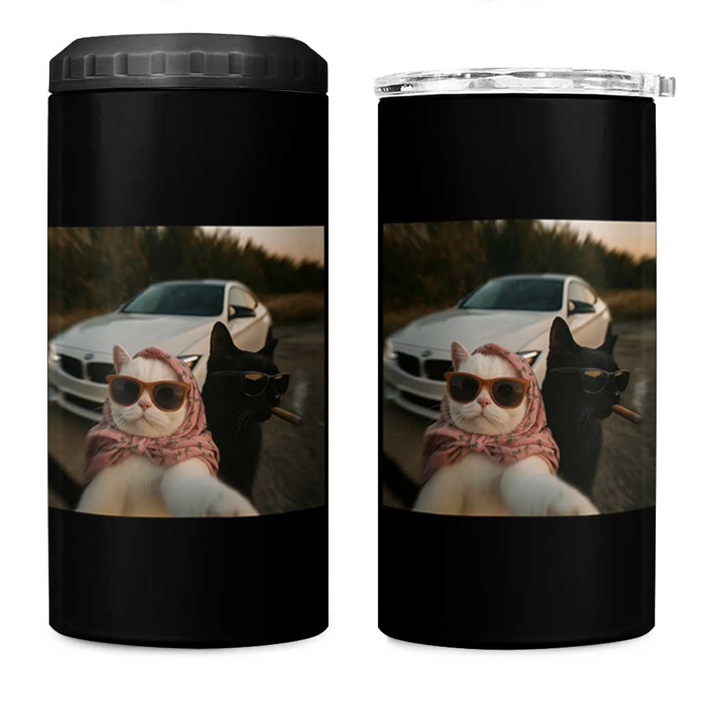 Cats Selfie Meme 4 in 1 Can Cooler Tumbler Funny Black Cat Smoking Cigarette With Car