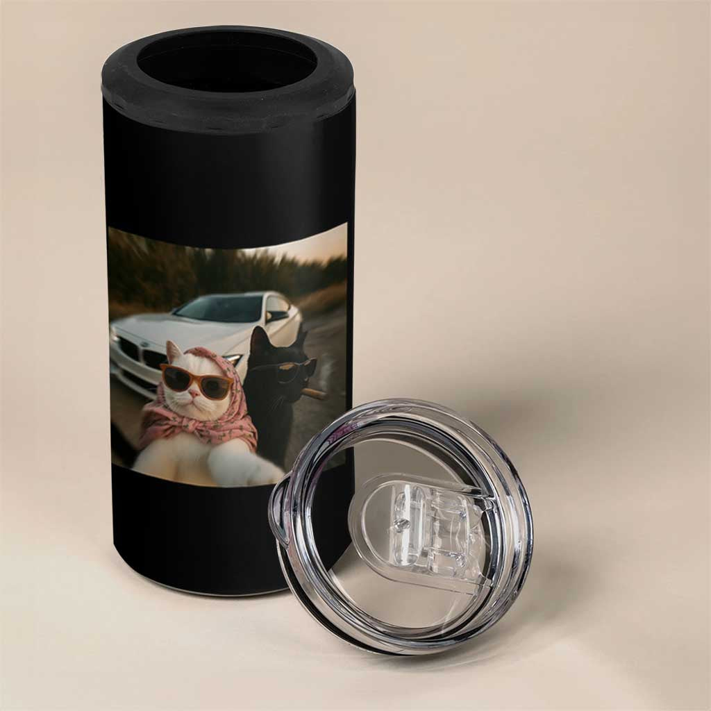 Cats Selfie Meme 4 in 1 Can Cooler Tumbler Funny Black Cat Smoking Cigarette With Car