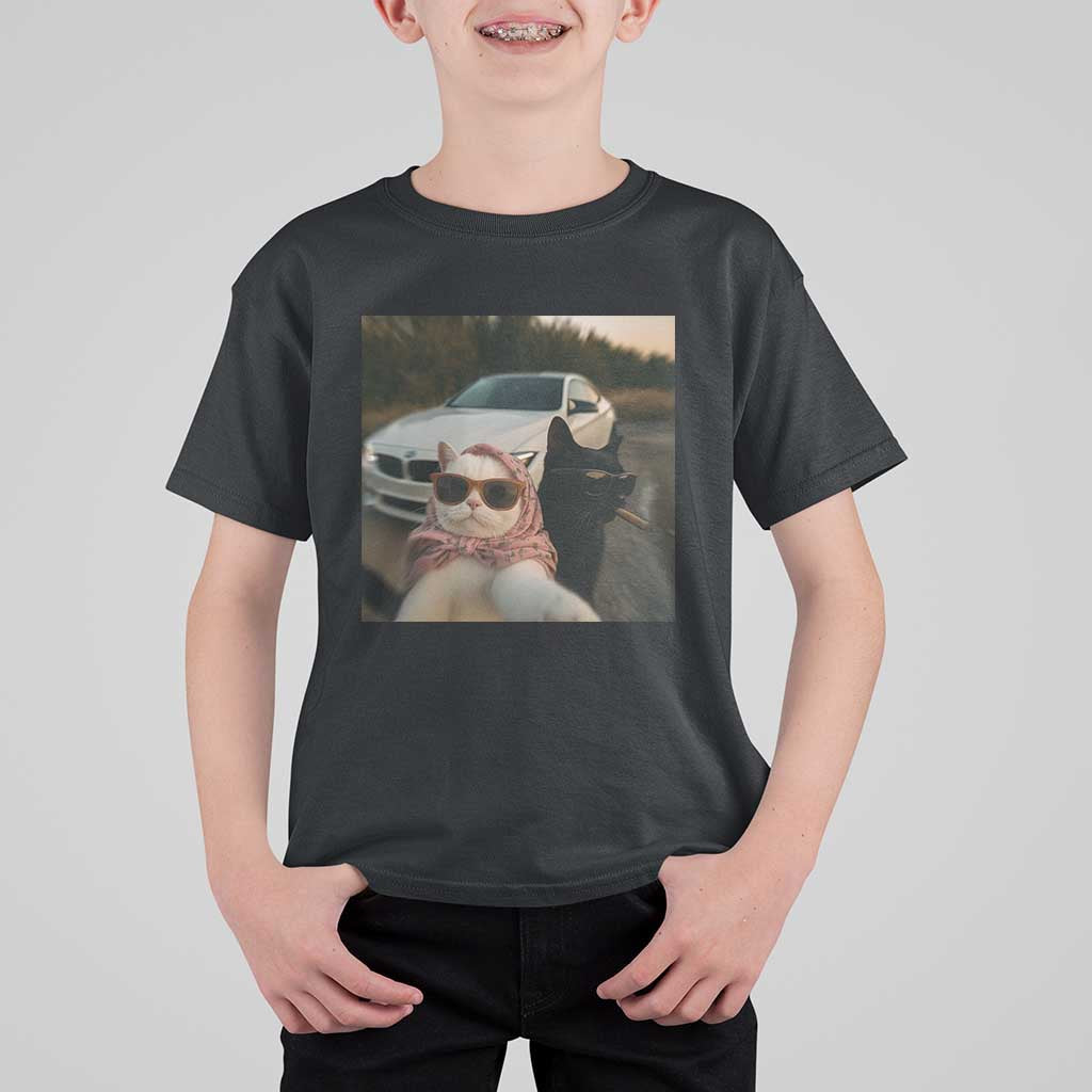 Cats Selfie Meme T Shirt For Kid Funny Black Cat Smoking Cigarette With Car - Wonder Print Shop