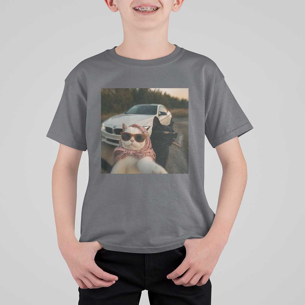 Cats Selfie Meme T Shirt For Kid Funny Black Cat Smoking Cigarette With Car - Wonder Print Shop