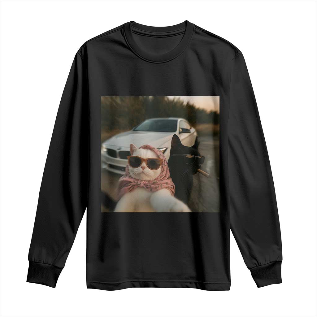 Cats Selfie Meme Long Sleeve Shirt Funny Black Cat Smoking Cigarette With Car - Wonder Print Shop