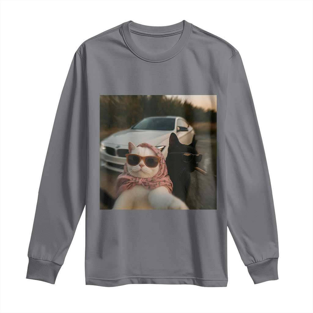 Cats Selfie Meme Long Sleeve Shirt Funny Black Cat Smoking Cigarette With Car - Wonder Print Shop