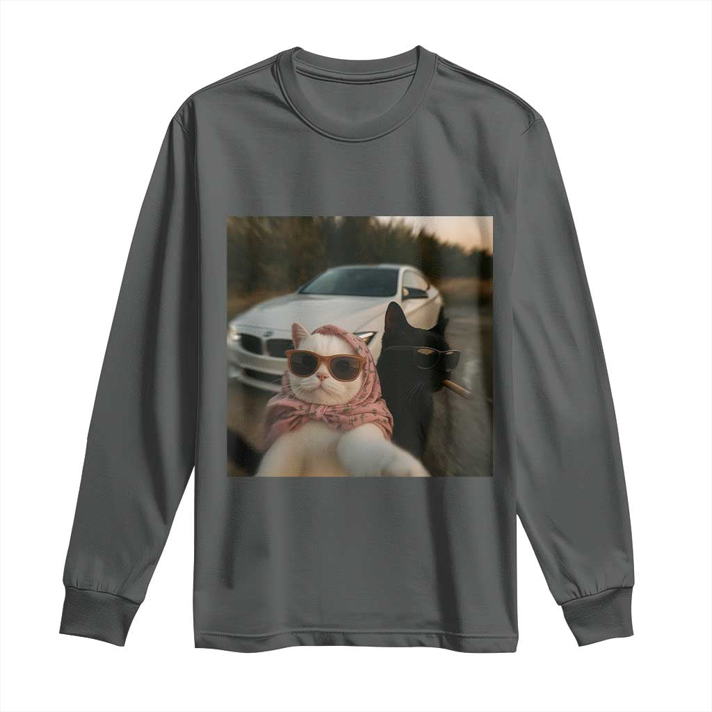 Cats Selfie Meme Long Sleeve Shirt Funny Black Cat Smoking Cigarette With Car - Wonder Print Shop