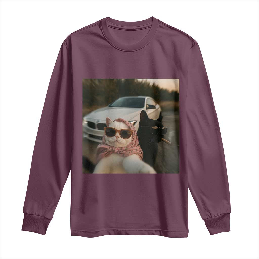 Cats Selfie Meme Long Sleeve Shirt Funny Black Cat Smoking Cigarette With Car - Wonder Print Shop