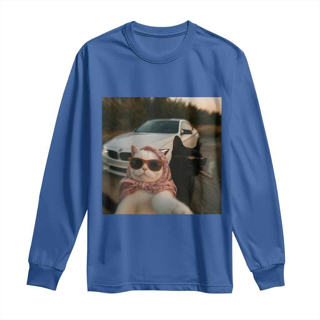Cats Selfie Meme Long Sleeve Shirt Funny Black Cat Smoking Cigarette With Car - Wonder Print Shop