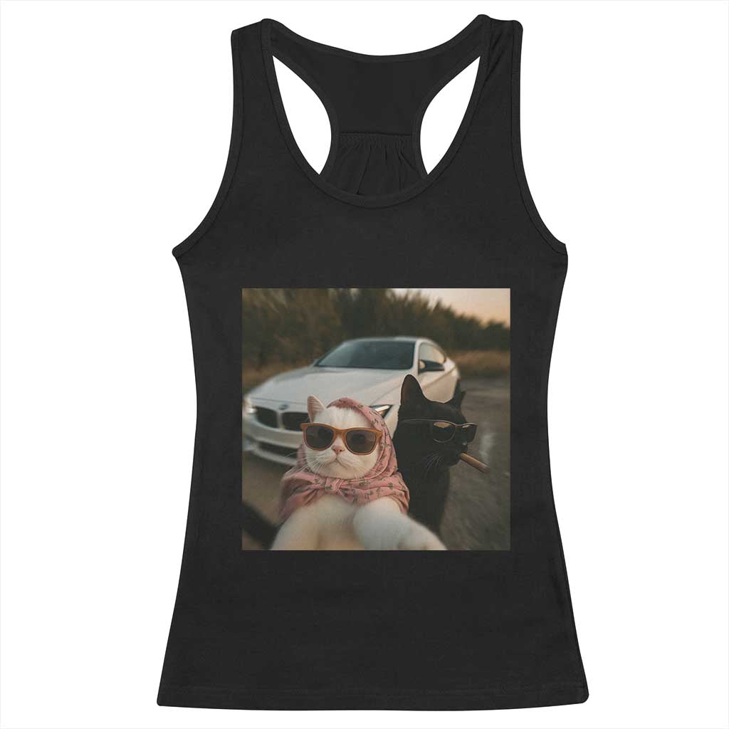Cats Selfie Meme Racerback Tank Top Funny Black Cat Smoking Cigarette With Car - Wonder Print Shop