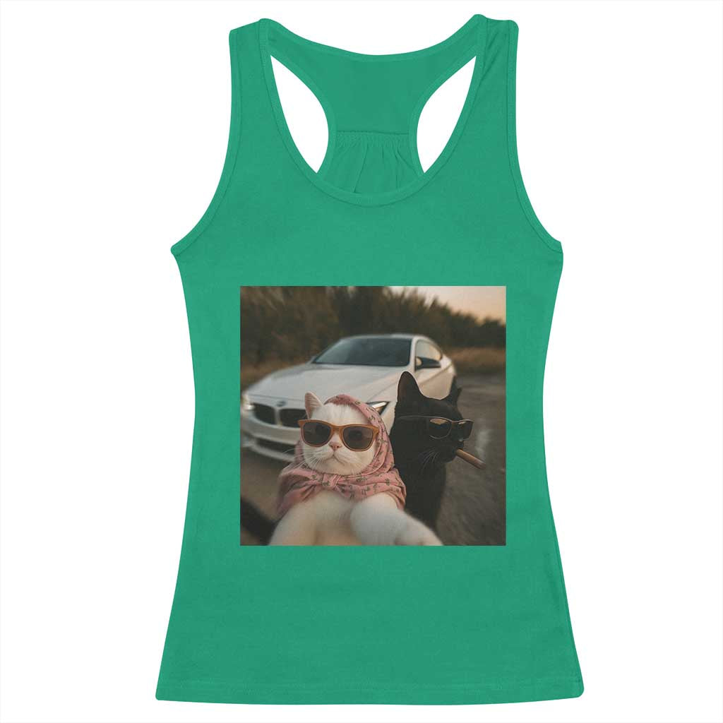 Cats Selfie Meme Racerback Tank Top Funny Black Cat Smoking Cigarette With Car - Wonder Print Shop