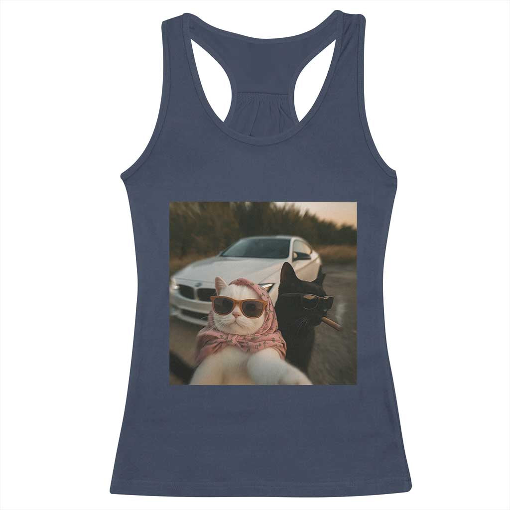 Cats Selfie Meme Racerback Tank Top Funny Black Cat Smoking Cigarette With Car - Wonder Print Shop
