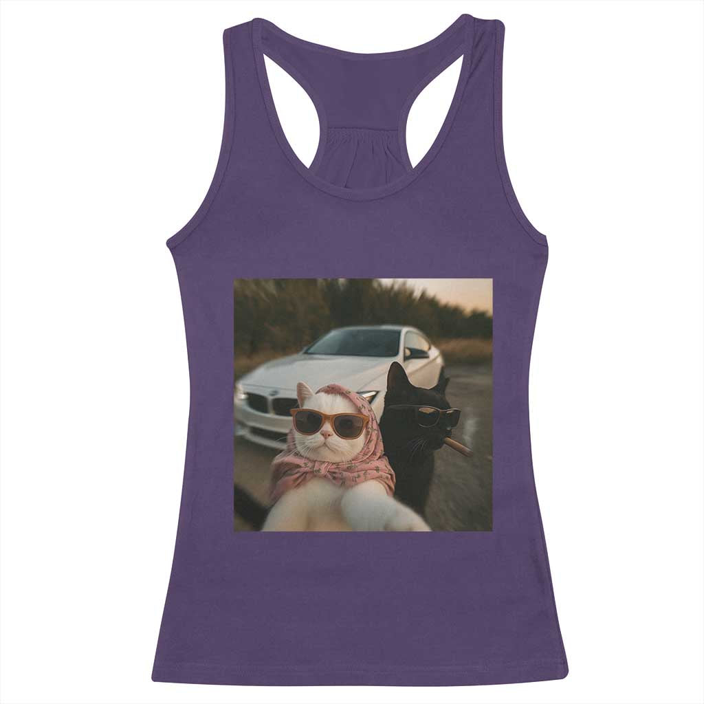 Cats Selfie Meme Racerback Tank Top Funny Black Cat Smoking Cigarette With Car - Wonder Print Shop