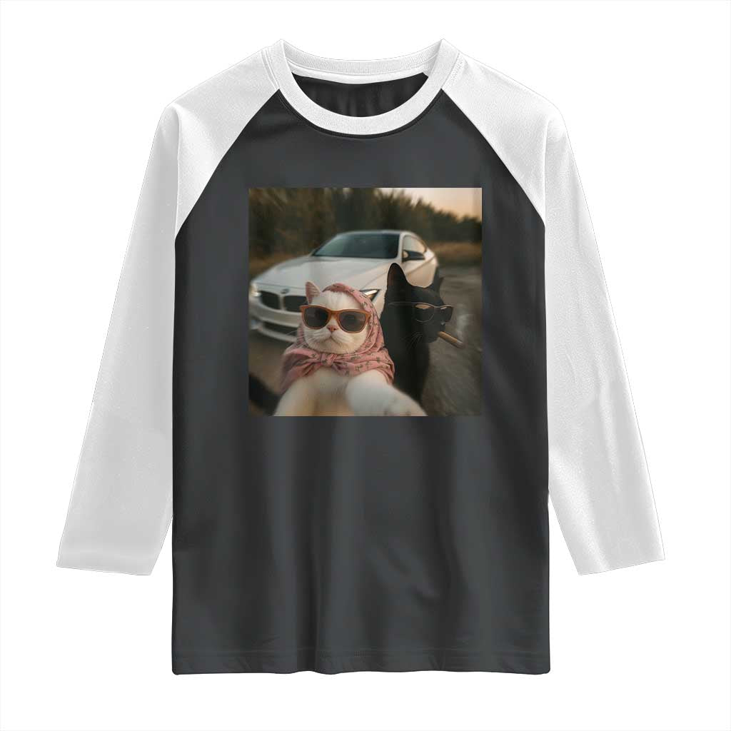 Cats Selfie Meme Raglan Shirt Funny Black Cat Smoking Cigarette With Car - Wonder Print Shop