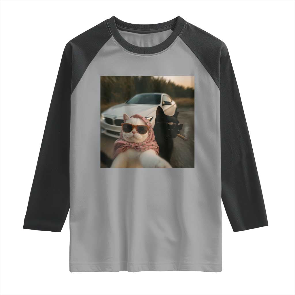 Cats Selfie Meme Raglan Shirt Funny Black Cat Smoking Cigarette With Car - Wonder Print Shop