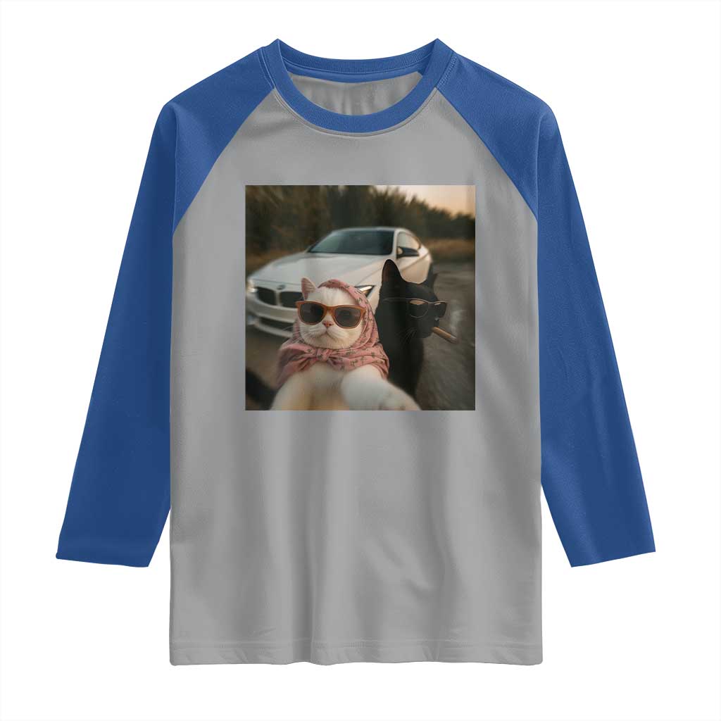 Cats Selfie Meme Raglan Shirt Funny Black Cat Smoking Cigarette With Car - Wonder Print Shop
