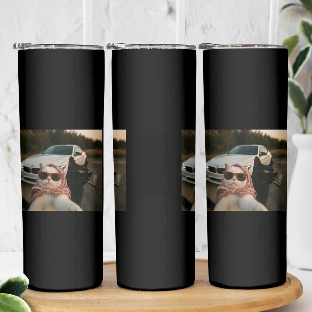 Cats Selfie Meme Skinny Tumbler Funny Black Cat Smoking Cigarette With Car