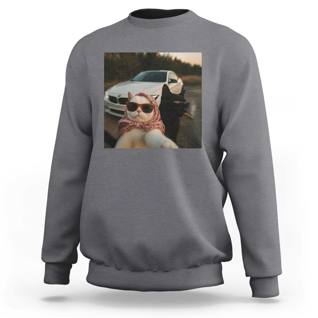Cats Selfie Meme Sweatshirt Funny Black Cat Smoking Cigarette With Car - Wonder Print Shop